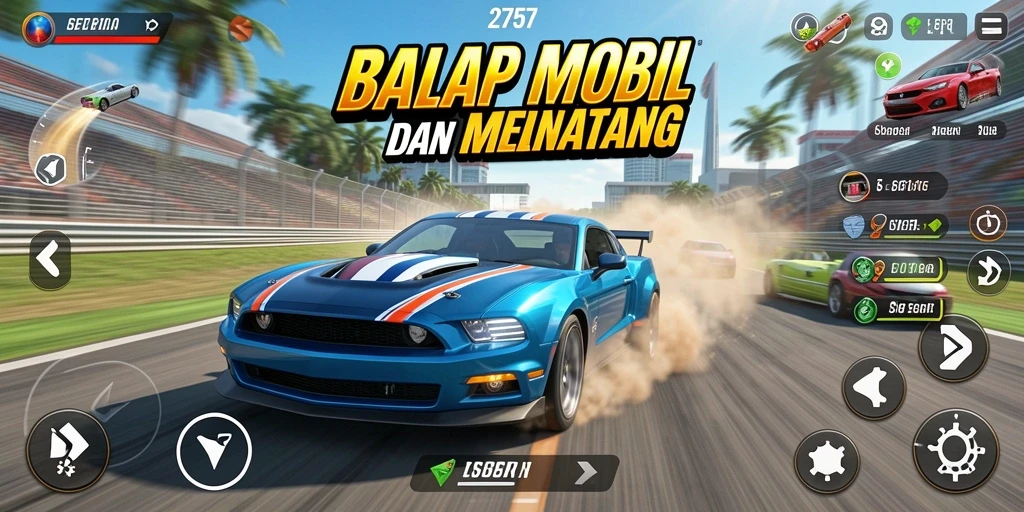 Screenshot 2757 menampilkan aksi balapan yang mendebarkan dengan mobil melaju kencang.
