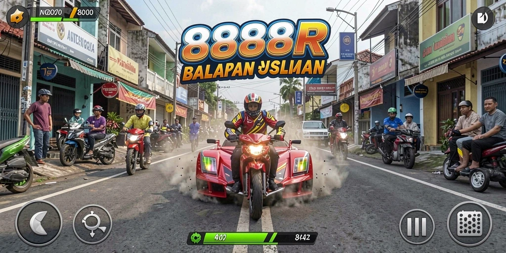Tampilan gameplay <strong>888R</strong> saat balapan di lintasan yang menegangkan.