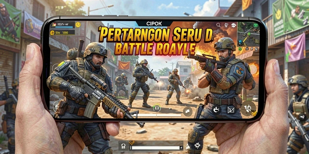 Screenshot menampilkan aksi seru dalam gameplay Battle Royale.