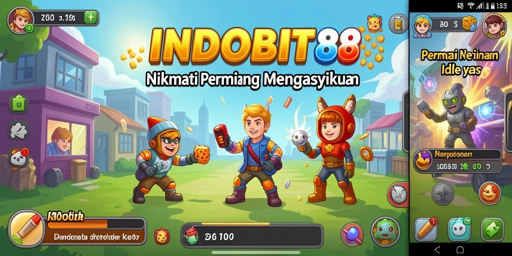 Screenshot gameplay <strong>INDOBIT88</strong> menampilkan karakter yang sedang mengumpulkan sumber daya secara otomatis.