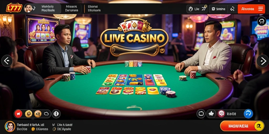 Screenshot L777 menampilkan dealer profesional dalam suasana Live Casino yang mendebarkan.