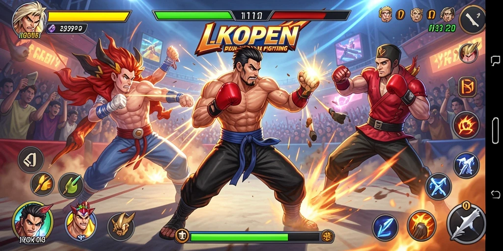 Screenshot utama LKOPEN menampilkan pertarungan yang intens dan karakter yang menarik di arena.