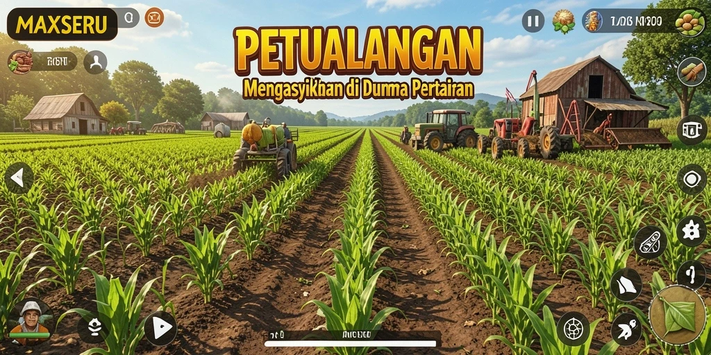 Tangkapan layar gameplay MAXSERU menampilkan keseruan bertani dan merawat hewan.