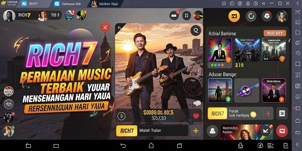 Tangkapan layar utama RICH7 menampilkan gameplay musik yang seru dan interaktif.