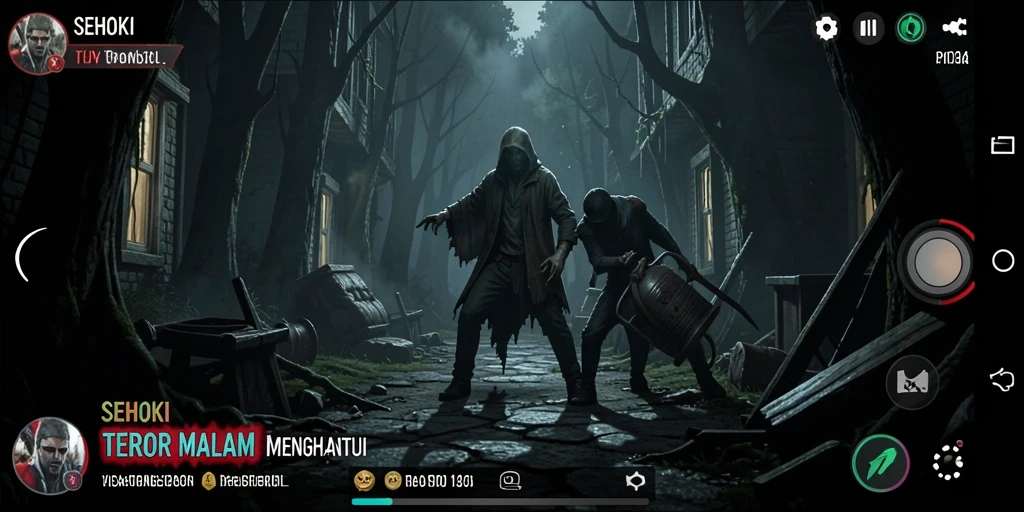 Tampilan gameplay menegangkan di SEHOKI, atmosfer mencekam dan suara menyeramkan.