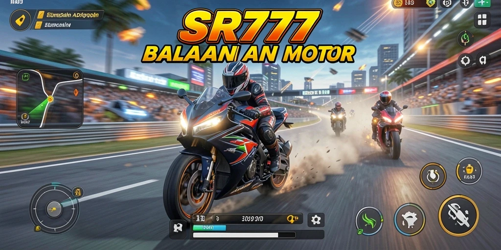 Screenshot SR777 menampilkan aksi balapan motor yang mendebarkan.