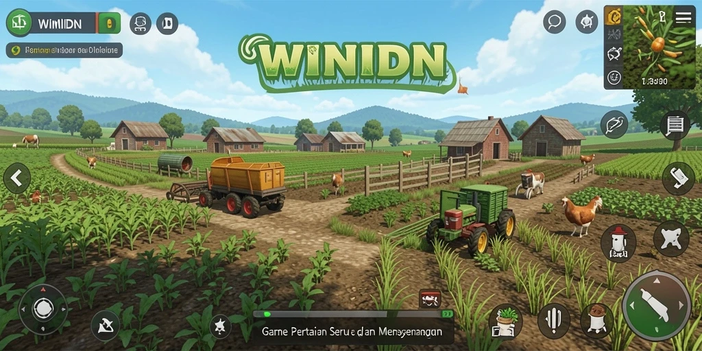 Tampilan gameplay WINIDN dengan lahan pertanian yang rimbun.